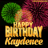 A captivating GIF with bursts of green, pink, and orange fireworks lighting up the night sky, accompanied by 'Happy Birthday Kaydence' in glowing golden text.