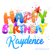 Animated GIF with colorful, festive 'Happy Birthday Kaydence' text decorated with patterns, a party hat, and falling confetti. A vibrant and cheerful design for birthday celebrations.