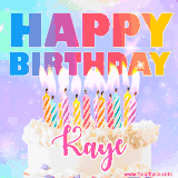 A vibrant animated name GIF with the words 'Happy Birthday Kaye' with colorful candles on a creamy cake. The background sparkles with pastel shades, adding a festive touch.