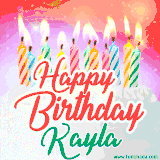 Bright birthday candles with rainbow flames on a cake, alongside the text 'Happy Birthday Kayla' in vibrant script in this celebratory animated GIF.