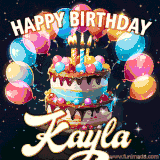 Bright birthday animation for Kayla with a chocolate cake, candles, balloons, and glowing celebratory lights.