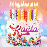 A cheerful white birthday cake with multicolor sprinkles, lit candles, and 'Kayla' written in vibrant letters, in an animated GIF.