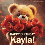 Cinematic style cute animated teddy bear with charming features holding a large bouquet of red roses, the words say 'Happy Birthday Kayla' in sans serif font.