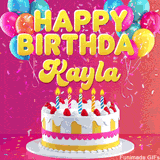 Pink-themed animated greeting with balloons, confetti, and a frosted cake under the message 'Happy Birthday Kayla' in bold rounded yellow font.
