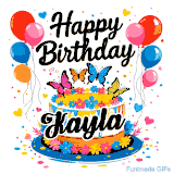 An animated birthday card for Kayla. It features a festive cake with her name, 'Kayla', and colorful butterflies. Floating balloons and hearts complete the joyful scene.
