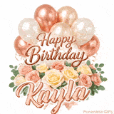 A bouquet of pastel roses and green leaves with Happy Birthday Kayla animation