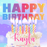 A vibrant animated name GIF with the words 'Happy Birthday Kayla' with colorful candles on a creamy cake. The background sparkles with pastel shades, adding a festive touch.