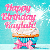 A festive cupcake with pink icing, a gingham bow, and a lit animated sparkler, paired with 'Happy Birthday Kaylah!' in bright pink text.