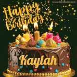 A delightful chocolate birthday cake with bright candles and 'Happy Birthday Kaylah' written in gold amidst a shower of animated stars.