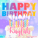 A vibrant animated name GIF with the words 'Happy Birthday Kaylah' with colorful candles on a creamy cake. The background sparkles with pastel shades, adding a festive touch.