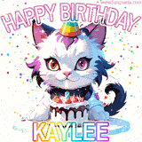 Adorable party-themed animated cat next to a lit birthday cake with text that says 'Happy Birthday Kaylee,' surrounded by colorful decorations and sparkles.