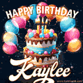 Hand-drawn happy birthday cake adorned with an arch of colorful balloons - name GIF for Kaylee