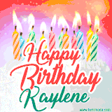 Bright birthday candles with rainbow flames on a cake, alongside the text 'Happy Birthday Kaylene' in vibrant script in this celebratory animated GIF.