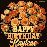 Animated bouquet of orange roses with moving butterfles and golden 'Happy Birthday Kaylene' text, surrounded by sparkling accents and a dark backdrop for a luxurious feel.
