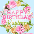 A charming animated GIF featuring 'Happy Birthday Kaylene' in pink and green text, surrounded by delicate roses, leaves, and fluttering butterflies on a soft light blue pastel background.