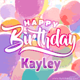 A vibrant name GIF featuring colorful balloons in shades of pink, orange, and yellow with the bold text 'Happy Birthday Kayley' in festive fonts, creating a lively birthday vibe.