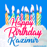 A cheerful animated GIF featuring colorful lit birthday candles on a white cake, with the text 'Happy Birthday Kazimir' in bold red and blue script on a bright blue background.