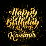 Animated GIF with colorful, festive 'Happy Birthday Kazimir' text decorated with patterns, a party hat, and falling confetti. A vibrant and cheerful design for birthday celebrations.