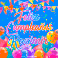 A vibrant animated GIF with 'Feliz Cumpleaños Kazimir' written in colorful script, surrounded by balloons, confetti, and bunting on a bright blue background.