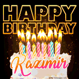 A vibrant animated GIF featuring a delicious birthday cake topped with glowing candles and the name 'Kazimir' in elegant script, and the words 'Happy Birthday' on the black background.