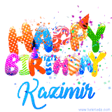 Animated GIF with colorful, festive 'Happy Birthday Kazimir' text decorated with patterns, a party hat, and falling confetti. A vibrant and cheerful design for birthday celebrations.