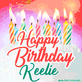 Bright birthday candles with rainbow flames on a cake, alongside the text 'Happy Birthday Keelie' in vibrant script in this celebratory animated GIF.