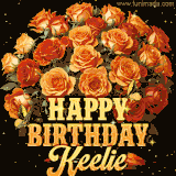 Animated bouquet of orange roses with moving butterfles and golden 'Happy Birthday Keelie' text, surrounded by sparkling accents and a dark backdrop for a luxurious feel.