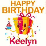 A vibrant and funny gift box character with a happy face dancing with a cupcake and the text 'Happy Birthday Keelyn,' surrounded by animated confetti and party vibes.