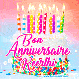 A white birthday cake covered in colorful sprinkles, topped with bright candles, and French text 'Bon Anniversaire Keerthi' on a pastel gradient background in an animated GIF.
