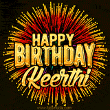 Golden 'Happy Birthday Keerthi' text accompanied by animated rainbow fireworks for a festive animated greeting.