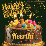A delightful chocolate birthday cake with bright candles and 'Happy Birthday Keerthi' written in gold amidst a shower of animated stars.
