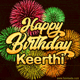 Golden text reading 'Happy Birthday Keerthi' surrounded by vibrant fireworks in red, green, and yellow, set against a dark background in this celebratory birthday GIF.