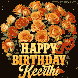 Animated bouquet of orange roses with moving butterfles and golden 'Happy Birthday Keerthi' text, surrounded by sparkling accents and a dark backdrop for a luxurious feel.
