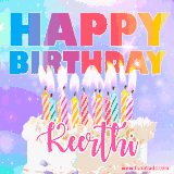 A vibrant animated name GIF with the words 'Happy Birthday Keerthi' with colorful candles on a creamy cake. The background sparkles with pastel shades, adding a festive touch.