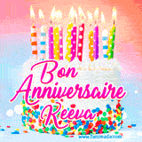 A white birthday cake covered in colorful sprinkles, topped with bright candles, and French text 'Bon Anniversaire Keeva' on a pastel gradient background in an animated GIF.