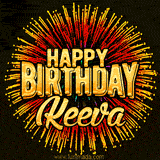 Golden 'Happy Birthday Keeva' text accompanied by animated rainbow fireworks for a festive animated greeting.