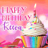A vibrant birthday GIF featuring a rainbow-colored cupcake topped with white frosting, sprinkles, and a lit candle. The text reads 'Happy Birthday Keeva' in bold pink and violet letters with white outline.