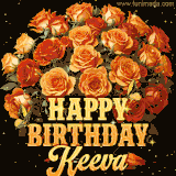 Animated bouquet of orange roses with moving butterfles and golden 'Happy Birthday Keeva' text, surrounded by sparkling accents and a dark backdrop for a luxurious feel.