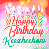 Bright birthday candles with rainbow flames on a cake, alongside the text 'Happy Birthday Keezheekoni' in vibrant script in this celebratory animated GIF.