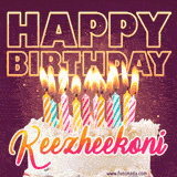 A colorful birthday cake topped with lit candles, with the words 'Happy Birthday Keezheekoni' in bold glowing letters on a burgundy background. Animated flames add a festive touch.