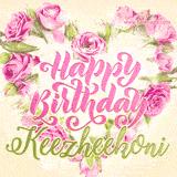 A stunning heart made of pink roses surrounds the elegant script text 'Happy Birthday Keezheekoni' on a soft beige background. Animated sparkles add a magical and festive feel.