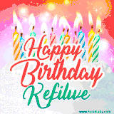 Bright birthday candles with rainbow flames on a cake, alongside the text 'Happy Birthday Kefilwe' in vibrant script in this celebratory animated GIF.