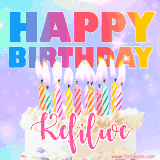 A vibrant animated name GIF with the words 'Happy Birthday Kefilwe' with colorful candles on a creamy cake. The background sparkles with pastel shades, adding a festive touch.