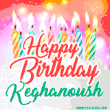 Bright birthday candles with rainbow flames on a cake, alongside the text 'Happy Birthday Keghanoush' in vibrant script in this celebratory animated GIF.