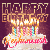 A colorful birthday cake topped with lit candles, with the words 'Happy Birthday Keghanoush' in bold glowing letters on a burgundy background. Animated flames add a festive touch.