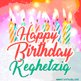 Bright birthday candles with rainbow flames on a cake, alongside the text 'Happy Birthday Keghetzig' in vibrant script in this celebratory animated GIF.