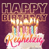 A colorful birthday cake topped with lit candles, with the words 'Happy Birthday Keghetzig' in bold glowing letters on a burgundy background. Animated flames add a festive touch.