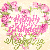 A stunning heart made of pink roses surrounds the elegant script text 'Happy Birthday Keghetzig' on a soft beige background. Animated sparkles add a magical and festive feel.