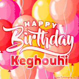 A vibrant name GIF featuring colorful balloons in shades of pink, orange, and yellow with the bold text 'Happy Birthday Keghouhi' in festive fonts, creating a lively birthday vibe.
