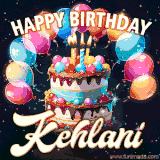 Bright birthday animation for Kehlani with a chocolate cake, candles, balloons, and glowing celebratory lights.